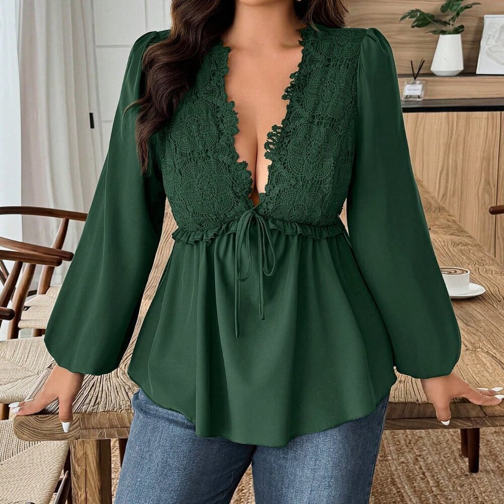 Dark Green Sexy Women's Casual Tie-Front Long Sleeve Blouse